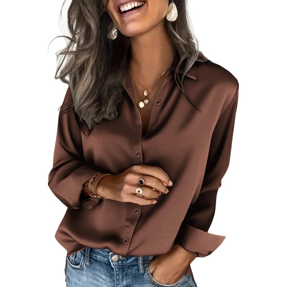 Satin  Brown Blouses For Women Silk Button Shirts Long Casual Tops